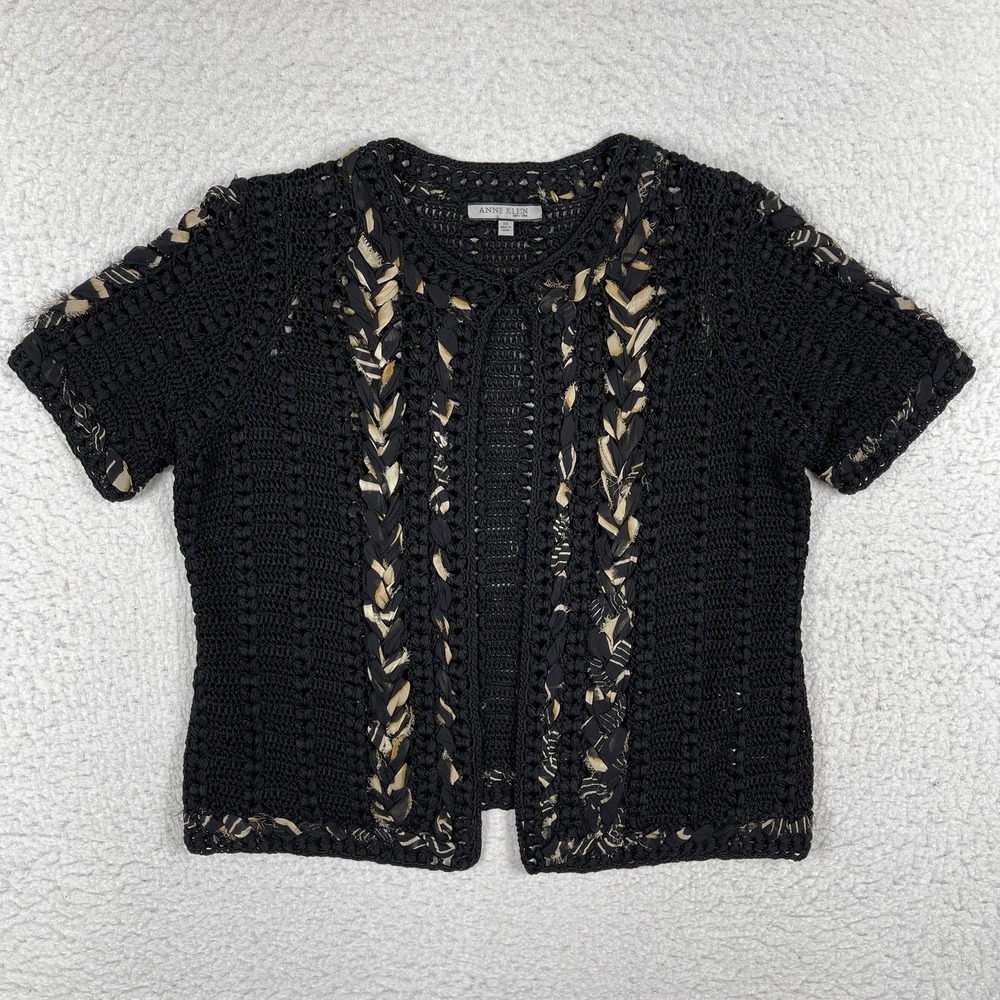 Anne Klein Sweater Womens XS Black Cardigan‎ Braided Crocheted Boho Grandma Chic